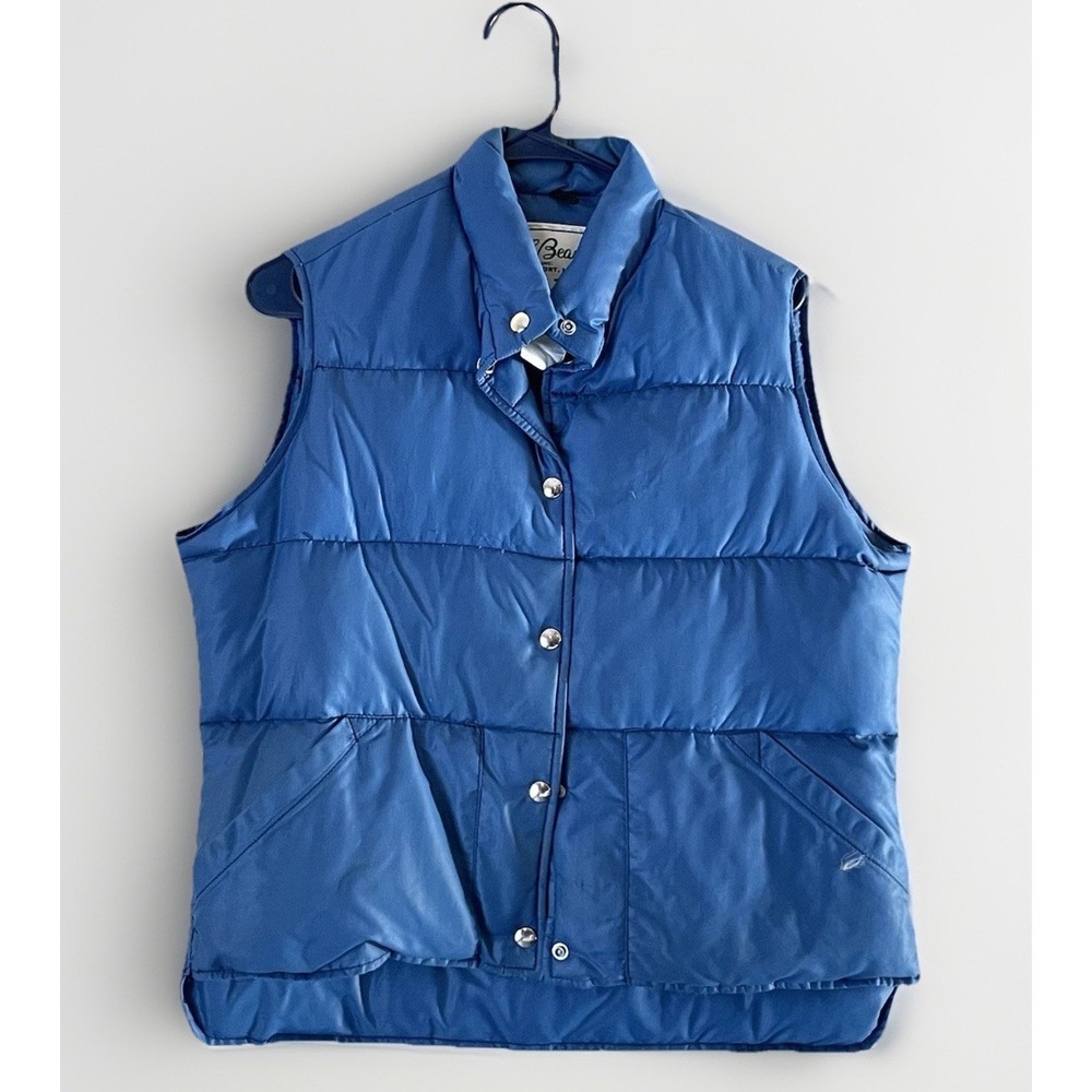 LL Bean Goose Down Blue M/L Puffer Vest Snap Front Vintage 70’s Cabincore Preppy